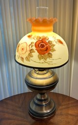 Lot 388- Antique Brass Hurricane Hand Painted Peach Yellow Roses Parlor Table Lamp - Banquet Lighting