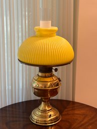 Lot 390- Pretty! Yellow Milk Glass Hurricane Parlor Brass Table Lamp - Antique Lighting - Banquet