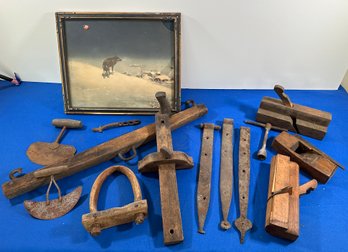 Lot 418- Primitive Tools Planers Lot With Lone Wolf Picture - Large Hinges -