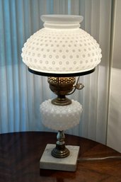 Lot 391- Vintage Hobnail Milk Glass Hurricane Style Bedroom Table Lamp On Small Marble Base