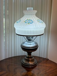 Lot 392- Vintage Hurricane White Globe With Hand Painted Blue Flowers And Brushed Nickle Base