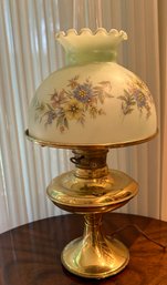 Lot 393- Antique Green Hand Painted Wild Flowers Brass Hurricane Table Parlor Lamp - Banquet Lighting