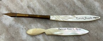 Lot 84- VERY Cool! REVERE BEACH, MA Carved Mother Of Pearl Dip Pen & Letter Opener - Souvenir Lot Of 2