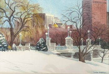 Lot 441SECOND CHANCE - Boston Public Garden Winter Landscape Original Watercolor Local Artist Louise Anderson