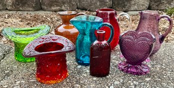 Lot 85- Beautiful Collection Of Colored Glass - Crackle Pitchers - Degenhart Heart - Fenton Top Hat- Wheaton