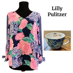 Lot 80- Lilly Pulitzer Summer Blouse Top Womens Small And Coffee Mug