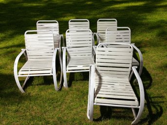 Lot 217- Pool Side! Large Set Of 7 Patio Chairs - Vinyl Strap White Chair With Metal Frame - Stacking