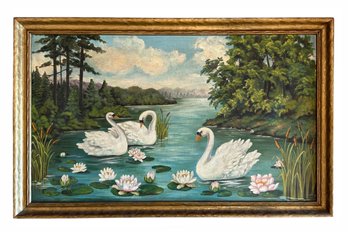 Lot 316 - Antique Swans & Lily Pads Painting In Gold Leaf Painted Wood Frame - Really Large 37x24