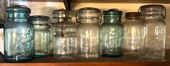 Lot 12- Mason Jars - Ball Ideal Atlas - Blue & Clear - Lot Of 8 - Antique Primitive Country Farmhouse Decor