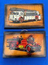 Lot 317 - 1975 Firetrucks Decopage Art John Terry On Knotty Pine Wood - Vintage Wall Fireman Decor - Baltimore