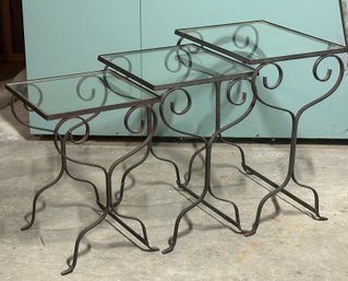 Lot 219- Set Of 3 Mid Century Wrought Iron And Glass Nesting Patio Side Tables