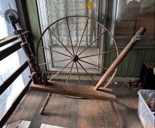Lot 449- Large Antique Wood Spinning 45 Inch Wheel With Book