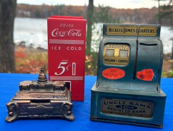 Lot 321 - 3 Vintage Banks - Uncle Sam's Cash Register - Coca-cola -  Piggy Bank - Capital Washington DC