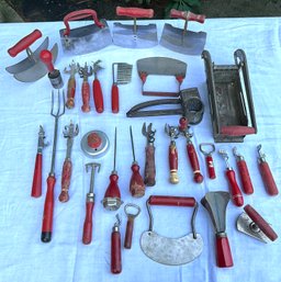 Lot 15- 1930s Red Wood Handle Kitchen - French Fry Cutter - Ice Picks Dough Mixers Bottle Openers - Lot Of 31