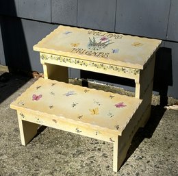 Lot 452- Hand Painted Yellow Step Stool - Welcome Friends - Kathy Hatch Collection