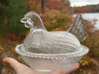 Lot 325 - Vintage Indiana Clear Glass Hen On Nest Chicken Covered Candy Dish- Farmhouse Kitchen