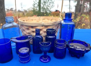 Lot 327 - Nice Lot! Vintage Cobalt Blue Glass Bottles - Eye Wash - Vicks - Dessert John Wyeth Milk Of Magnesia