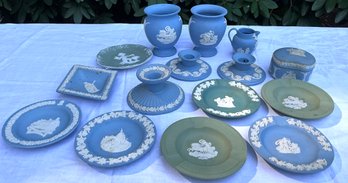 Lot 21- Wedgwood Blue & Green Mixed Lot Vase - Dish - Pitcher - Candle Sticks  - Ash Trays  - Pots