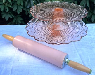 Lot 22- Pretty! Pink Depression Glass Cake Server Plates And Vintage Rolling Pin