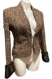Lot 717NM - Adrienne Vittadini Platino Boucle Blazer Wool Faux Fur Cuffs Womens Size 4