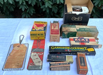 Lot 33- Vintage Kitchen Tools In Original Boxes - Red Handle Mincer - Bean Slicer - Huller - Grapefruit Corer