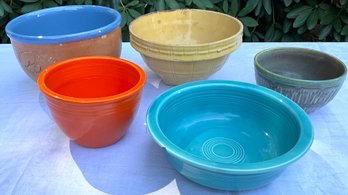 Lot 34- Aqua - Orange Fiesta Bowls And Antique Pottery Mixing Kitchen Bowl - Lot Of 5