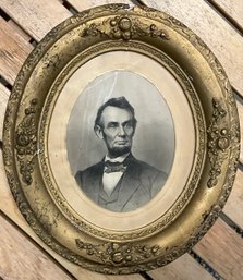 Lot 48- Antique Abraham Lincoln Pointillism Litho Portrait In Oval Gold Frame