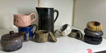 Lot 229- Handcrafted Primitive Stoneware -10  Pottery Pieces -pitcher - Mugs - Small Bowls - Winnie The Pooh