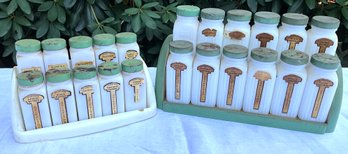 Lot 35- Griffith Laboratories Art Deco White Milk Glass Spice Jars - Green Wall Mount Racks - Country Kitchen