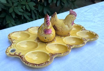 Lot 36- Cute Vintage Kitchen Deviled Egg Plate With Chicken Salt And Pepper - Japan - Country Farmhouse