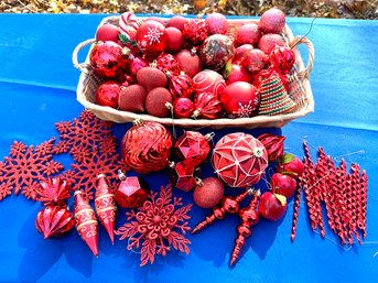 Lot 341 - HOLIDAY! Bright Red Christmas Tree Ornaments- Large Basket Full!