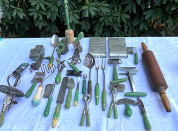 Lot 38- 1930s Green Wood Handle Kitchen Utensil Lot Of 30 - Spoon - Mixer- Grater- Masher - Spatula - Beaters