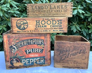 Lot 39- Advertising Crates - Foss Extracts - Hoods Cream Cheese - Land O Lakes - Stickney & Poors Pepper Boxes