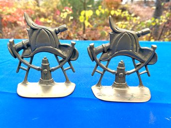 Lot 343 - Fireman Brass Bookends - Fire Man Helmet - Vintage Home Decor