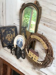 Lot 233- Weathered Primitives Antique - Nurre Mirror - Royal Tudorware - Rustic Mortars -  Cast Irons - Wreath