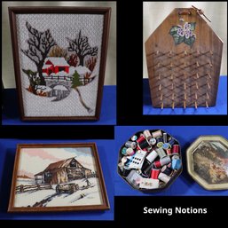 Lot 252- Vintage Sewing Notions Lot - Cross Stitch - Thread - Needlework - Winter Red Barn - Wall Decor