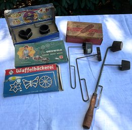 Lot 44- Antique Griswold Waffle Cast Iron - Pastry Cup Form - Patty Molds - Waffle Dogs - Cookie Press - 8