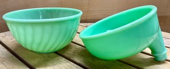 Lot 56- Fire King Ovenware Green Jadite Mixing Bowl & Juicer Mixer Part