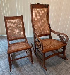 Lot 237- Nice Pair Of 2 Antique Oak Cane Rockers - One Child Size Rocking Chair - Victorian Style