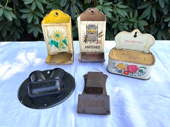 Lot 50- Vintage Tin Match Holders - Wall Mount - Lot Of 5