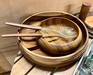 Lot 60- Mid Century Wood Bowls- Cheese Server - Utensils- Gense Sweden Tray - Butterdish - MCM Lot Of 12