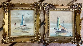 Lot 61- Signed Original Ship Paintings - Hand Painted Miniature Art - With Gold Frame - Lot Of 2 - Small