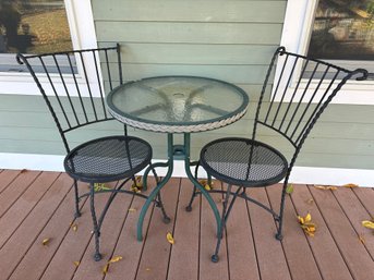 Lot 356 - Small Patio Bistro Table And 2 Wrougt Iron Chairs - Ice Cream Parlor