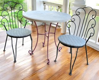 Lot 357 - CUTE! 30 Inch Bistro Patio Table And 2 Wrought Iron Chairs - Ice Cream Parlor