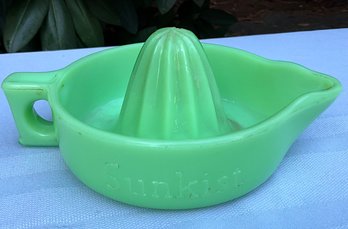 Lot 58- WOW! 1930s McKee SUNKIST Promotional Jadite Green Depression Glass Citrus Juicer- Made In USA -