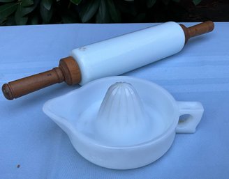 Lot 59- Early Imperial Milk Glass Rolling Pin & SUNKIST White Promotional Citrus Juicer - Vintage Kitchen