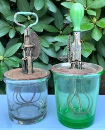 Lot 62- Antique Wesson Oil & Green Depression Glass Hand Mixers - Kitchen Decor