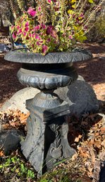 Lot 365 - Early 1900s Large Urn Planter Plinth Pedestal Antique Wrought Iron - Rustic Regal Charm