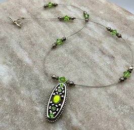 Lot 95RR- Costume Silver With Green Crystals Necklace