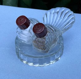 Lot 70- 1940s Art Deco Small Glass Seashell Base - Salt And Pepper - Kitchen Antique - Vintage